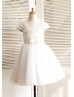 Ivory Lace Tulle Cap Sleeves Champagne Lining Knee Length Flower Girl Dress
